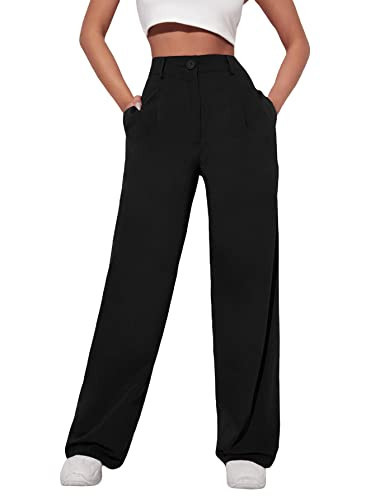 OYOANGLE Women's Fashion High Waisted Wide Leg Zipper Button Down Straight Long Trousers Pants with Pocket Black M | Amazon (US)