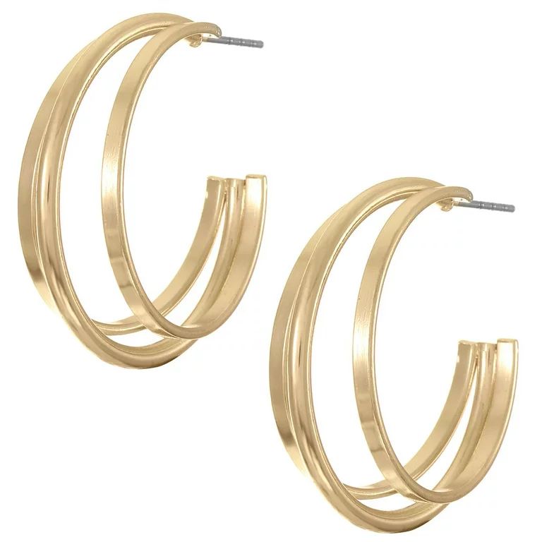 Time and Tru Triple Layer Gold Hoops for Women, Polished Gold - Walmart.com | Walmart (US)
