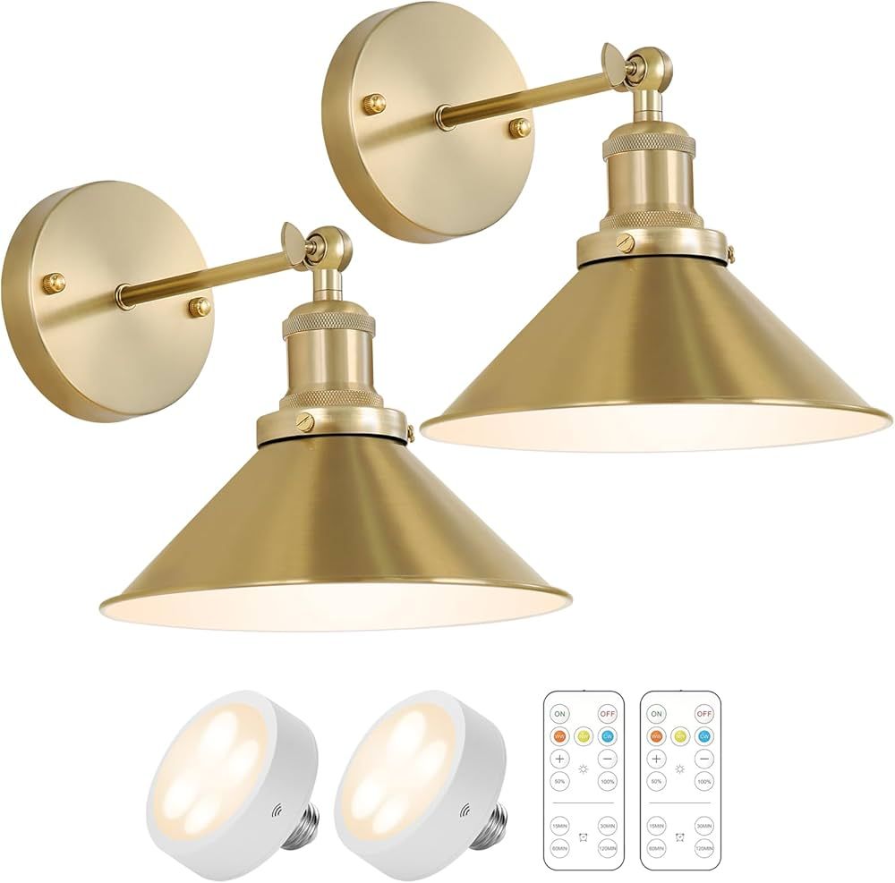 Gold Vintage Wireless Battery Operated Wall Sconces, Industrial Cordless Battery Powered Led Wall... | Amazon (US)