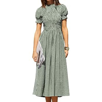 RIHOAS Plaid Gingham Midi Dress Short Sleeve Smocked Dresses for Women | Amazon (US)