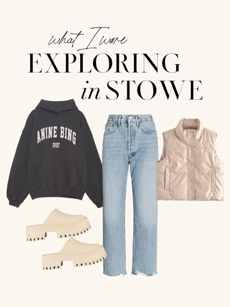 Fall vacation in Stowe, VT. Casual outfit for daytime exploring! Size down in jeans! Everything else TTS. 

Fall outfit, jeans outfit, agolde jeans, casual Fall Outfit, minimal Outfit, neutral Outfit, anime Bing, clogs outfit, faux leather vest

#LTKSeasonal #LTKstyletip #LTKtravel