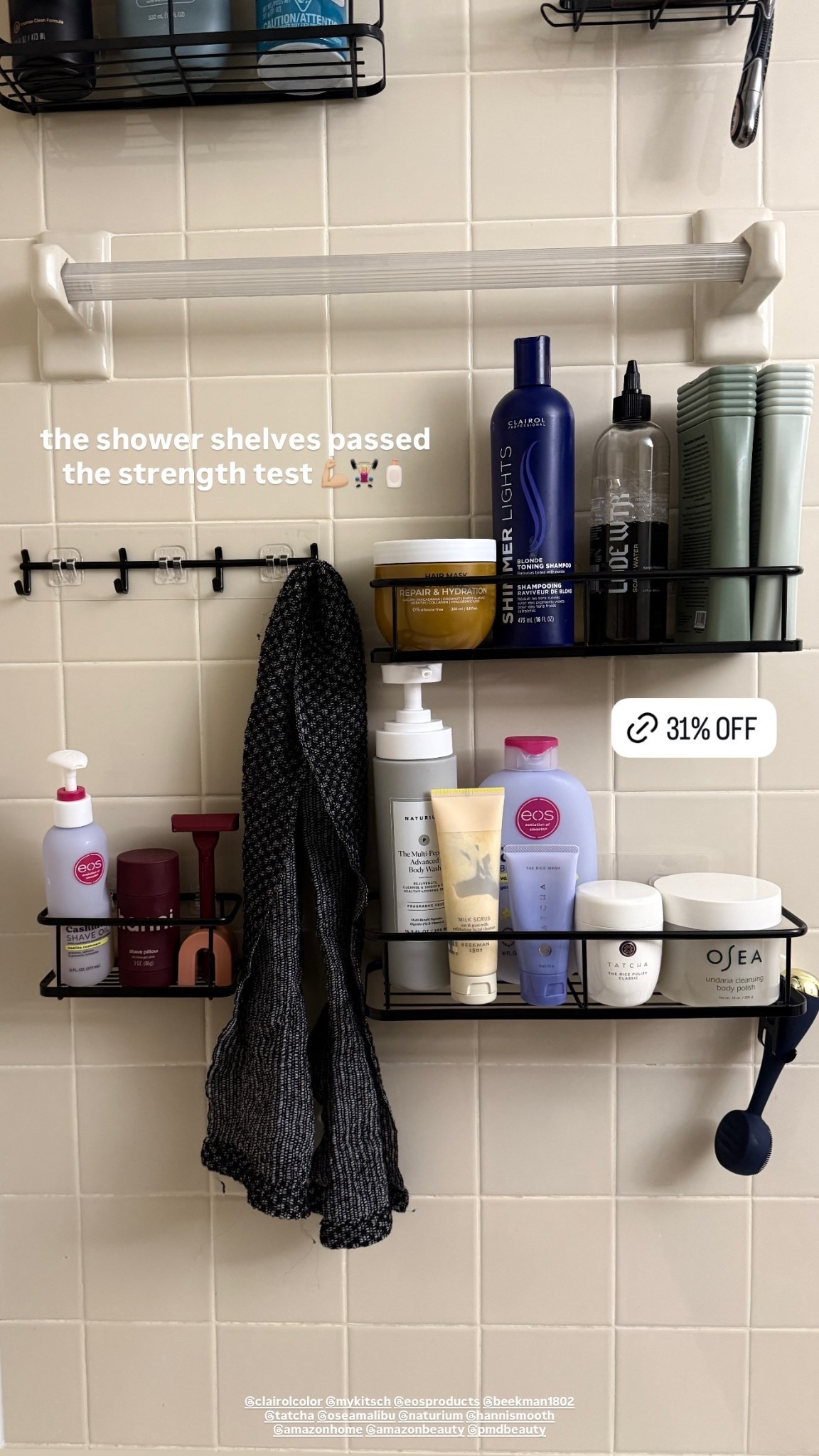 the shower shelves passed the strength test with my current skin, hair and body shower lineup 💪🏼🏋🏼‍♀️🧴 

 @Tatcha @OSEA Malibu @ltk 

#LTKHome #LTKBeauty #LTKSaleAlert