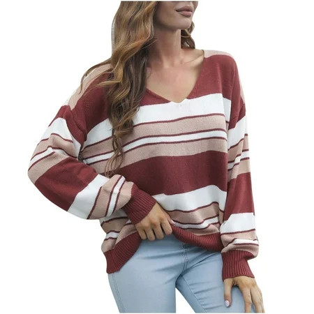 SMihono Short Sweaters for Women Loose Casual Womens Autumn Winter Striped Print V Neck Long Sleeve  | Walmart (US)