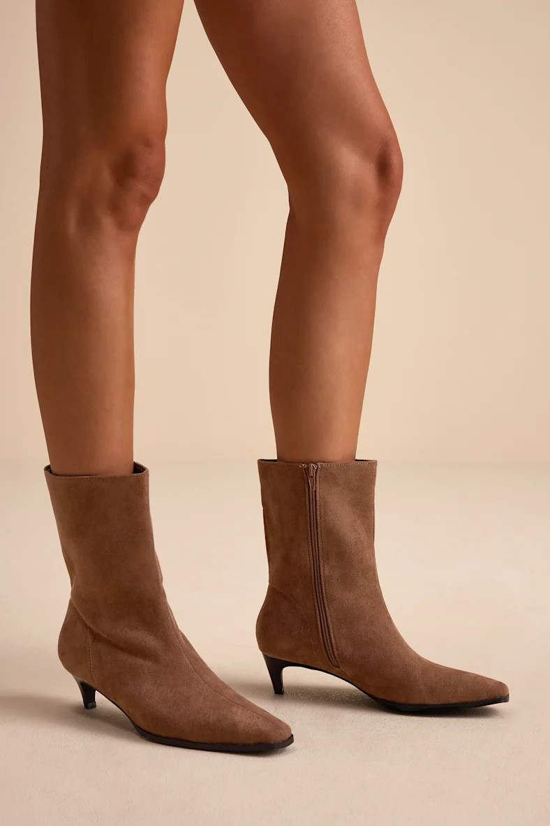 Carla Mocha Mousse Suede Kitten Heel Mid-Calf Booties | Lulus