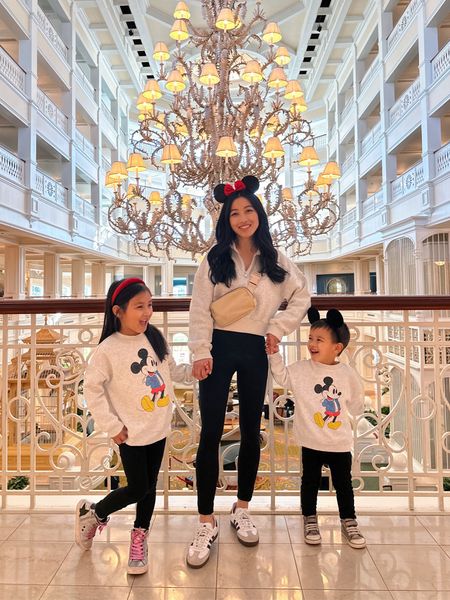Comfortable Disney world outfits for the family!

• My leggings are Zella 7/8 pocket leggings. The exact pair is old, linked the current ones and others I own. All in 7/8 length with pockets!

In zella i take xxs, in Abercrombie I take XS Short, and in Lululemon I take size 2.

• sweatshirt is A&F XXS, love the cropped slouchy fit. They have a newer version of the exact same top but with pockets that I would've absolutely gotten instead!

• Adidas sambas size mens 4.5 = womens 6

• wearing with cushioned inserts in size kids 3.5

•On the kids: Gap Kids Disney sweatshirts.

#family vacation outfits 

#LTKfamily #LTKtravel #LTKSeasonal