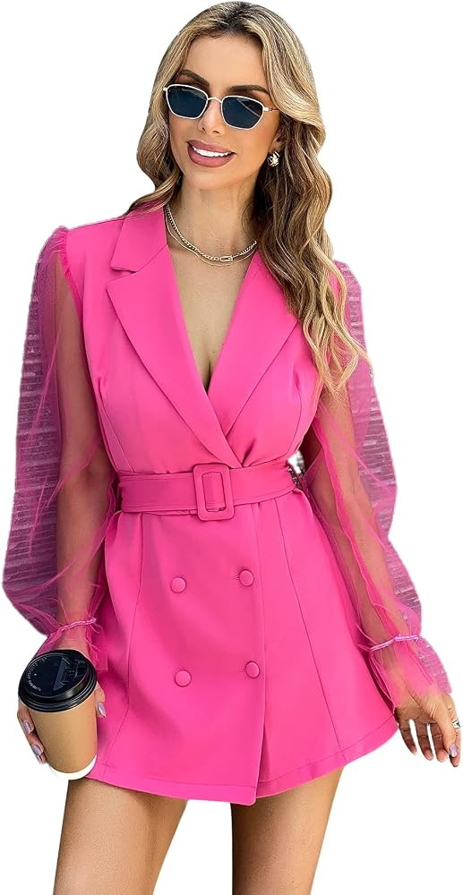Floerns Women's Contrast Mesh Long Sleeve V Neck Elegant Blazer Mini Dress | Amazon (US)