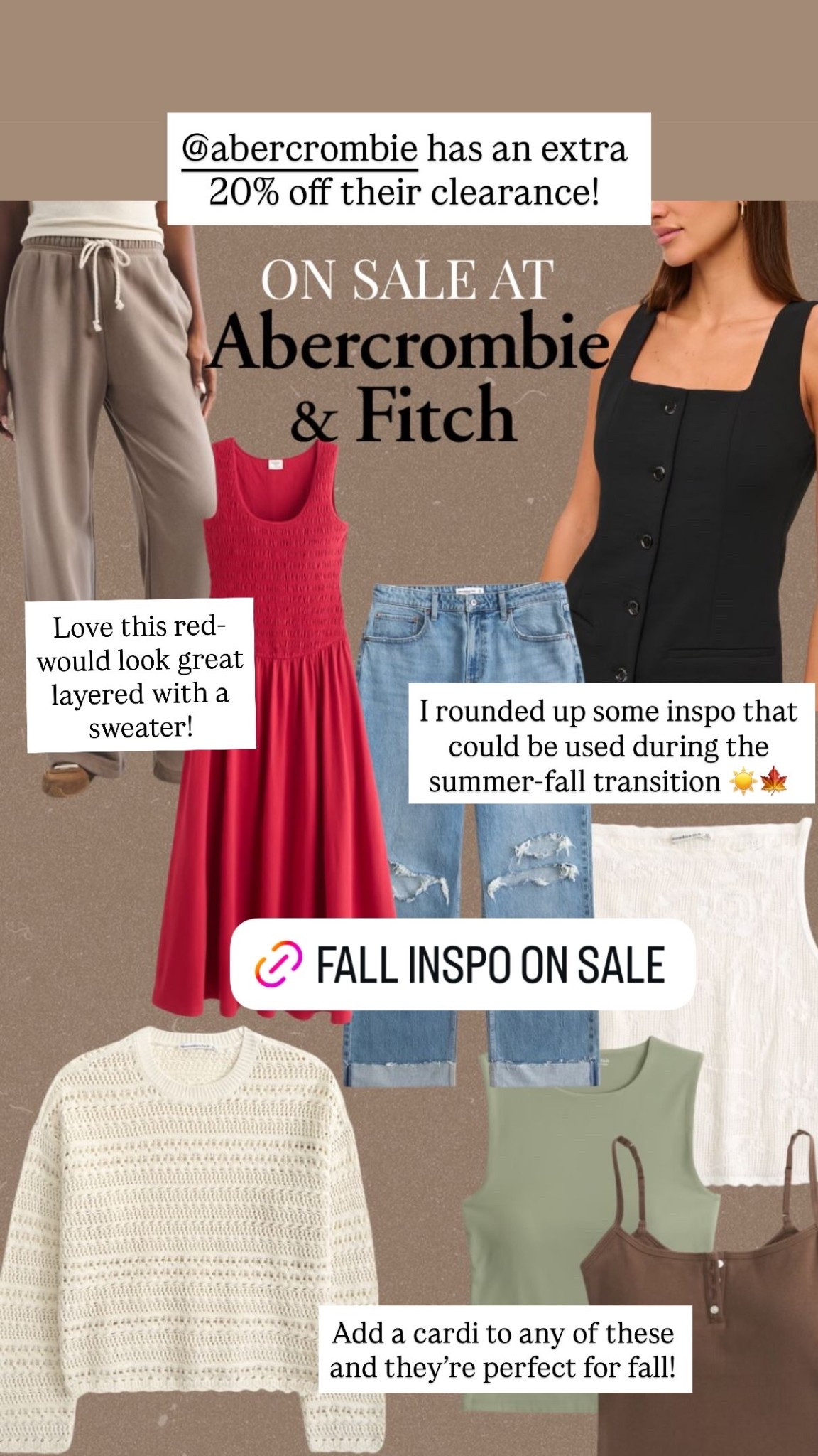 @abercrombie has an extra 20% off their clearance! I rounded up some inspo that could be used during the summer-fall transition ☀️🍁 Add a cardi to any of these and they’re perfect for fall! Love this red-would look great layered with a sweater!