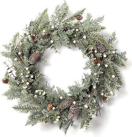 LOHASBEE Artificial Christmas Wreath, 24" Pine Cone Grapevine Flocked Glitter Fir Wreath with Whi... | Amazon (US)
