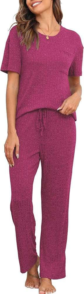 Women's Pajamas Ribbed Knit 2 Pieces Outfits Tshirt Pants Loungewear Outfits | Amazon (US)