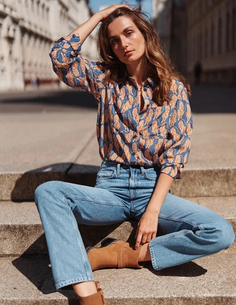 Connie Relaxed Silk Shirt - True Navy, Tiger | Boden UK | Boden UK
