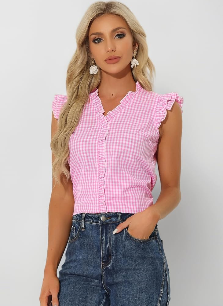 Allegra K Ruffle Shirt for Women's 50s V Neck Cap Sleeve Plaid Gingham Blouse | Amazon (UK)
