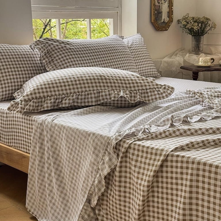 Tan Gingham Ruffle Full Sheet Set, Taupe Soft Pre-Washed Microfiber Plaid Ruffled Full Bed Sheets... | Walmart (US)
