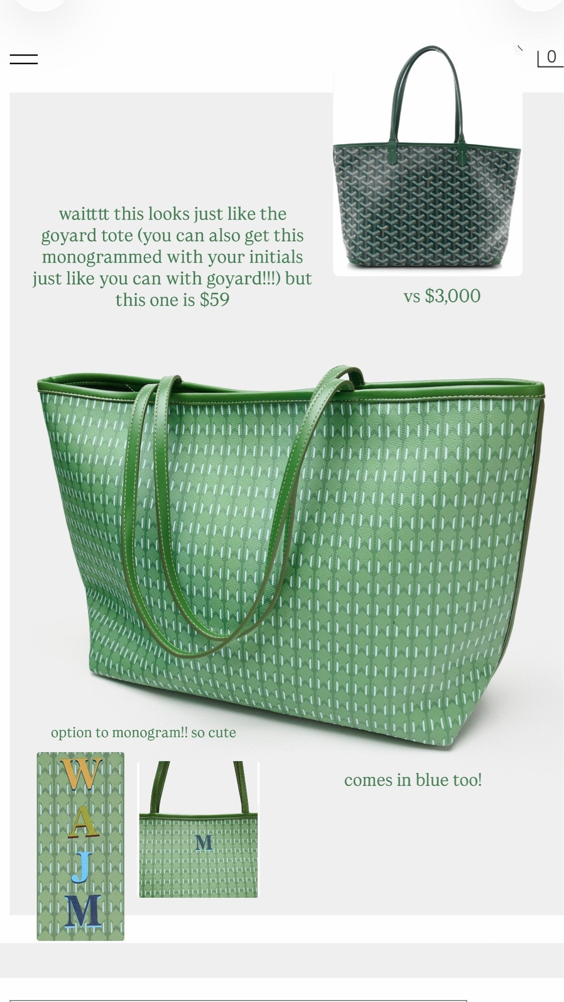 The fact I found this is insaneeee. Such a good lookalike for the Goyard tote so freaking similar - I mean obviously it’s $59 vs $3,000 lol the colors & patterns aren’t as good (but it’s close!!!) even the monogrammed look is nice. This will go fast I’m sure since the goyard totes are so popular right now