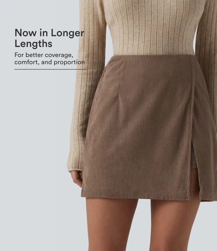 High Waisted Back Zipper Split Hem 2-in-1 Corduroy Casual Skirt-Longer Length | HALARA