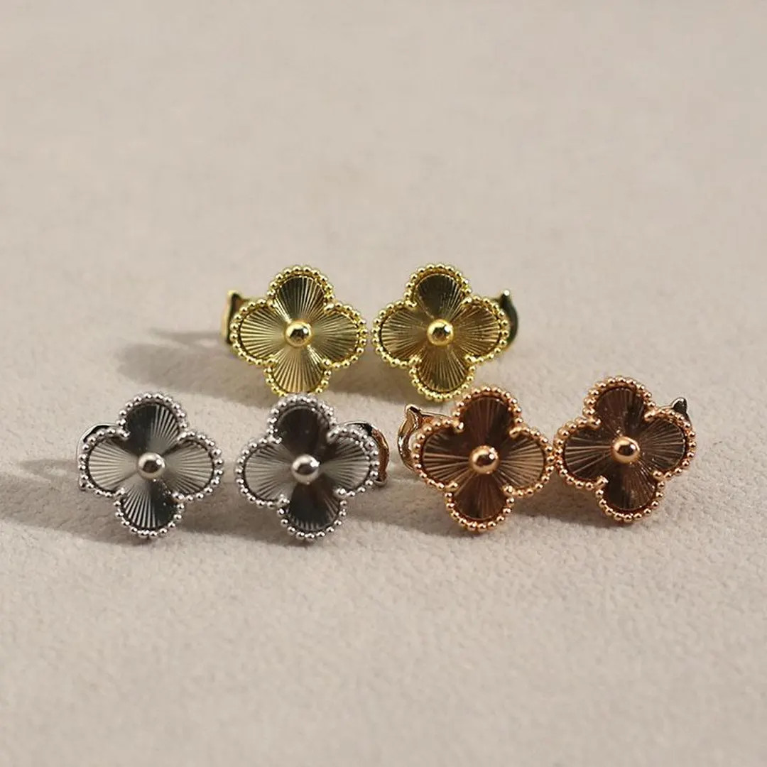 Vintage Full Gold Laser 15mm Clover Earrings 925 Silver 18k Gold Plated Clover Stud Earrings - Et... | Etsy (US)