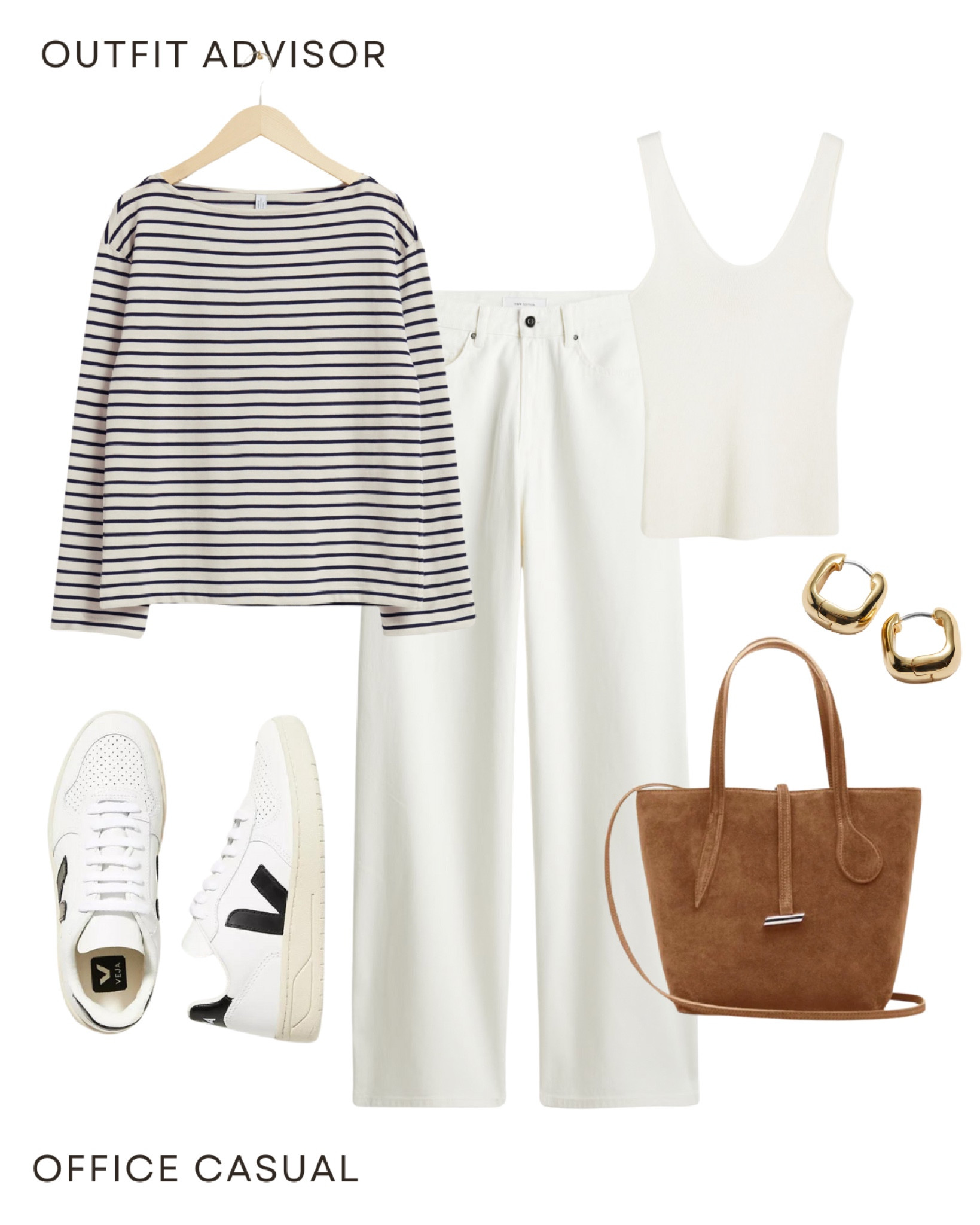 Casual autumn outfit inspo: wide leg jeans, striped long sleeve shirt, white tank top, Veja sneakers, gold hoop earrings and a suede mini bag

#LTKautumn #LTKstyletip #LTKworkwear
