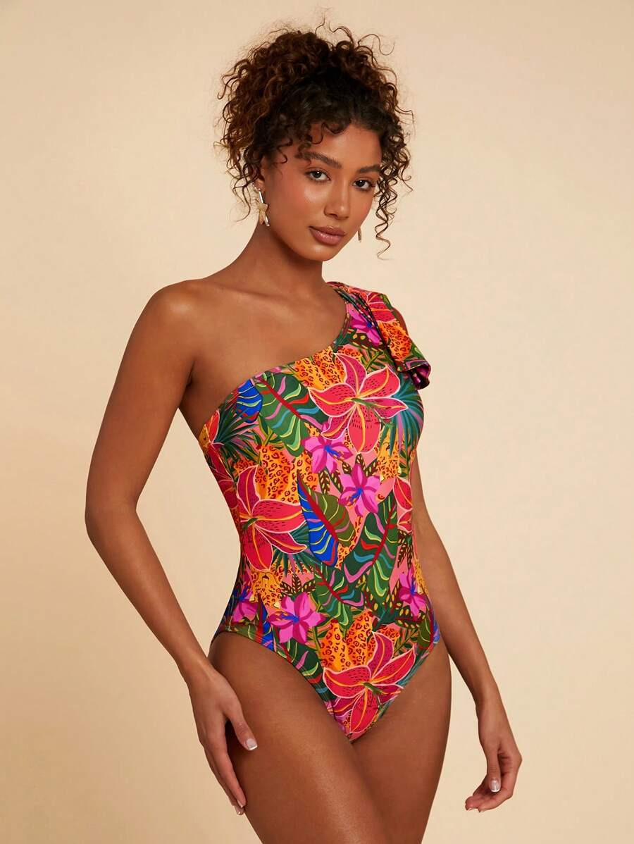 Travachic Women's Casual Floral Print Sleeveless Asymmetrical Neck One Piece Swimsuit For Summer ... | SHEIN
