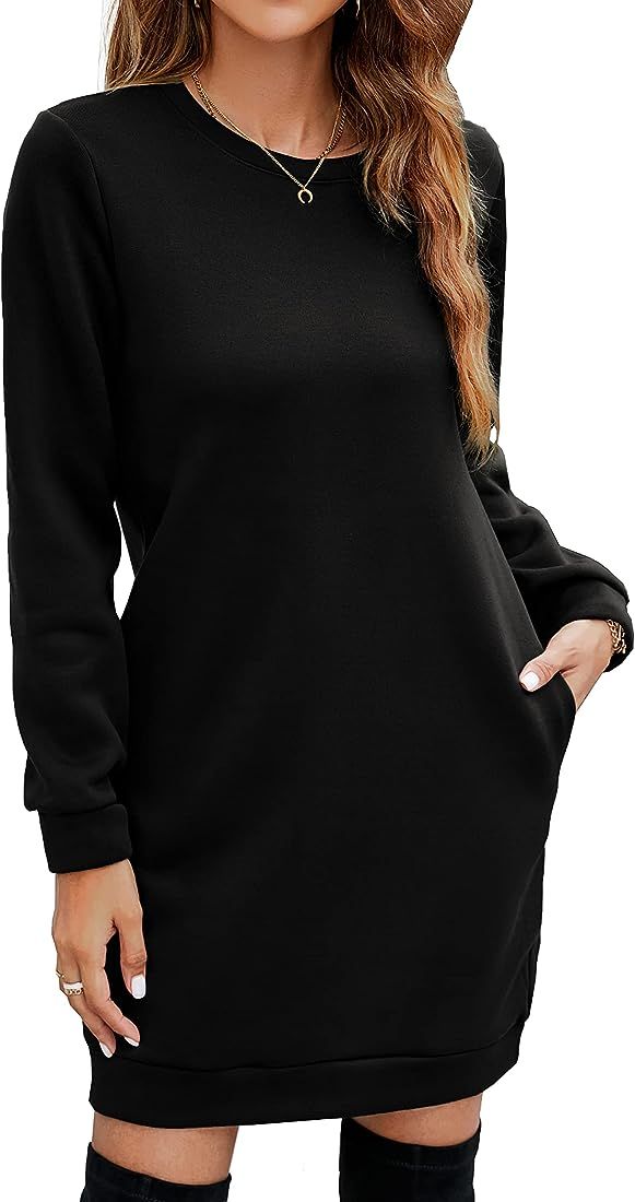 Amazon.com: Miselon Women's Long Sleeve Pullover Sweatshirt Dress Sweater Dress with Side Pockets... | Amazon (US)