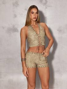 SHEIN BAE Women's Minimalist Casual Metal Eyelets Decorated Summer Shorts, Low Waist Micro Mini S... | SHEIN