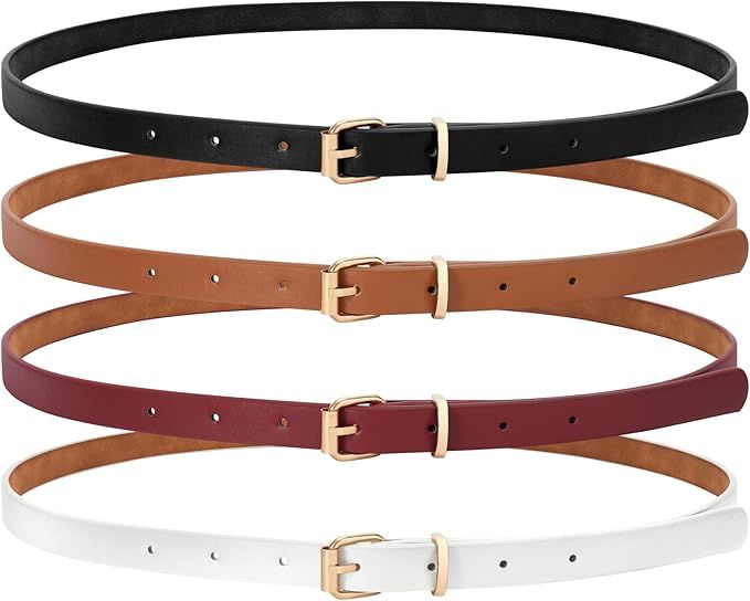 SANSTHS Set of 4 Womens Thin Belts Skinny Faux Leather Belt with Gold Alloy Buckle | Amazon (US)