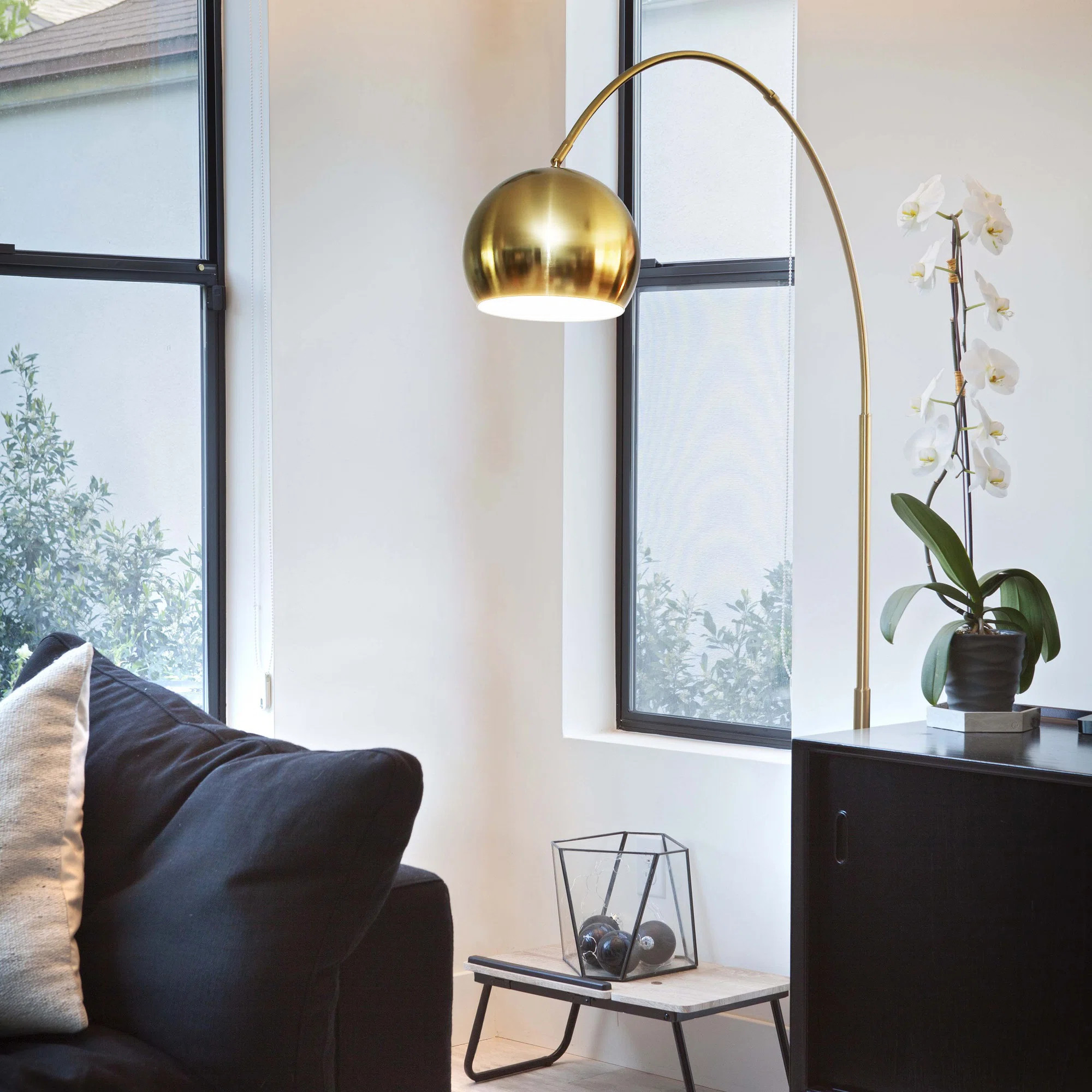 Olivia 75" Modern Industrial LED Arc Floor Lamp with Gold Brass Finish, White Marble Base, and Me... | Wayfair North America