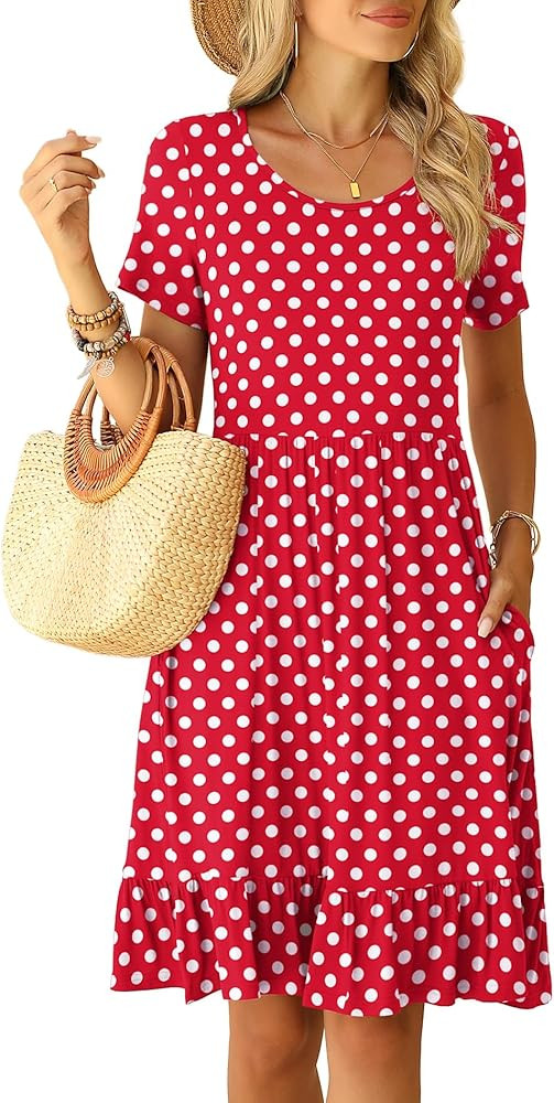 LILBETTER Round Neck Knee Length Dress for Women with Pockets Casual Summer Short Sleeve Pleated ... | Amazon (US)