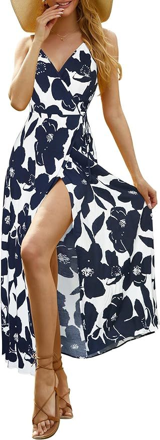 FENSACE Womens Summer Dresses for Women Beach Floral Maxi Wrap V Neck Spaghetti Strap Tie Sundres... | Amazon (US)