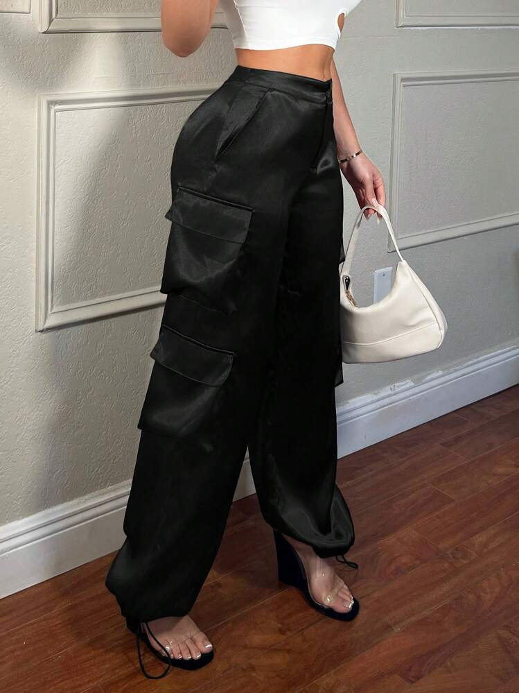 SHEIN SXY Streetwear Spring Festival Clothing Satin Work Pants Women Trousers With 3D Pockets | SHEIN