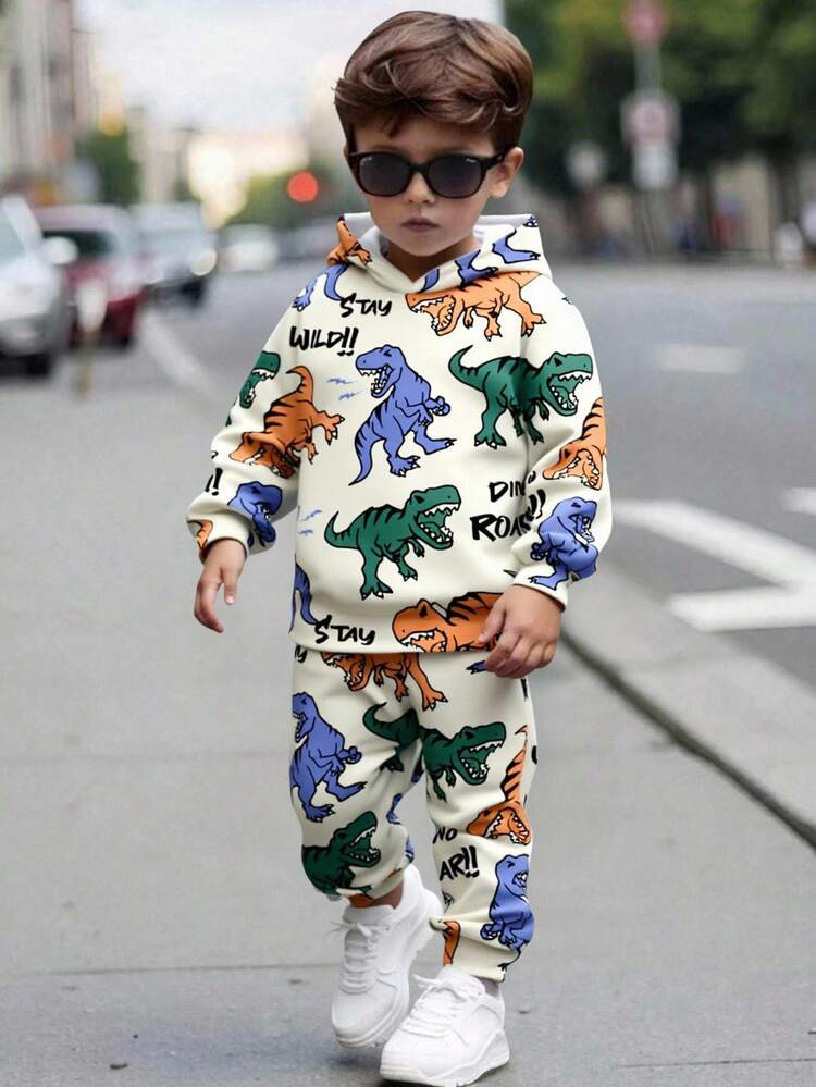 SHEIN 2pcs/Set Boys Casual Loose Dinosaur Print Hoodie Sweatshirt And Pants Set, Suitable For Aut... | SHEIN