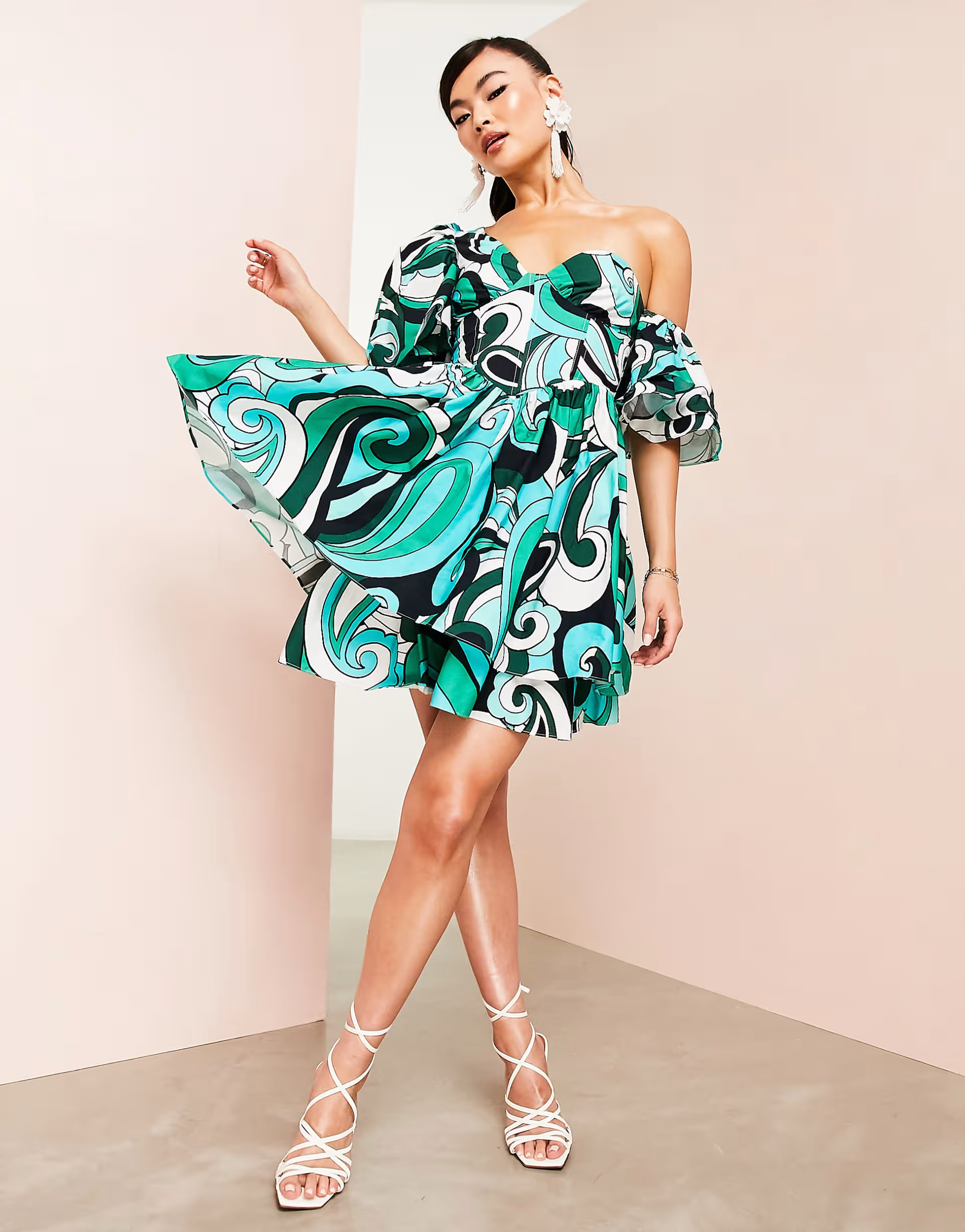 ASOS LUXE one shoulder cotton dress with corset detail and ruffles in green swirl print | ASOS (Global)