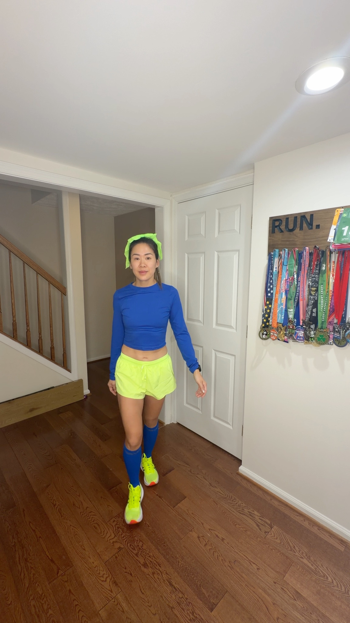 Another race day outfit. 

Two-toned mixing of colors.  💙💚  Try it, super cute. 

But why was is it so cold today in May?!  Gloves, running belt, headphones, and sweater for pre-race warmup  

#LTKgrwm #LTKActive #LTKootd