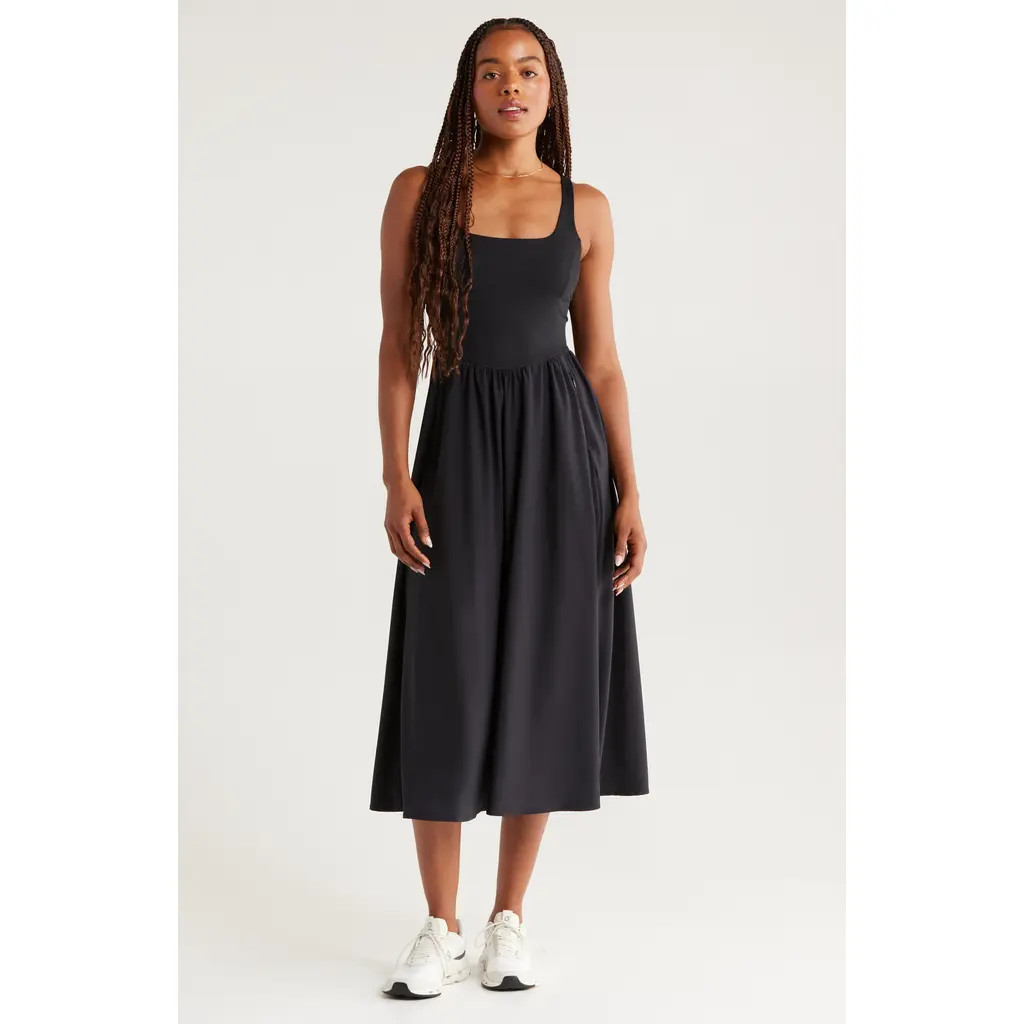 Zella Effortless Square Neck Midi Dress in Black at Nordstrom, Size Medium | Nordstrom