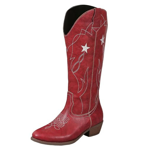 JORISTIMO Star Cowboy Boots for Women Red Retro Splice Snip Toe Block Heel Western Boots | Amazon (US)