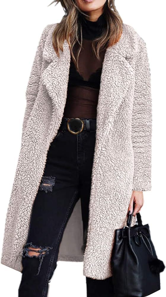 Women's Fuzzy Fleece Lapel Open Front Long Cardigan Coat Faux Fur Warm Winter Outwear Jackets wit... | Amazon (US)