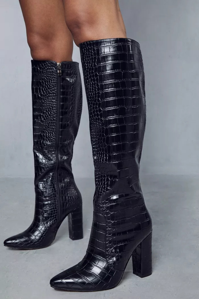 Croc Knee High Heeled Boots | Boohoo.com (UK & IE)
