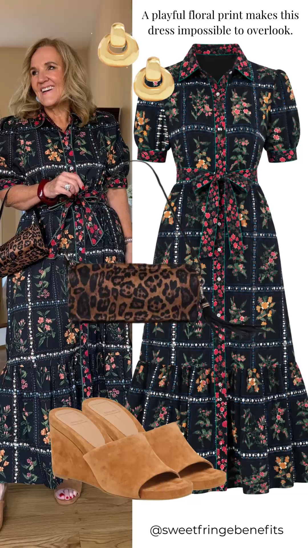 That floral print is definitely doing a lot, and I think that’s what makes this dress so fun. I’m wearing a medium, and the leopard bag with those suede wedges keeps all that pattern from feeling too sweet.

#LTKOver40 #LTKootd #LTKWedding