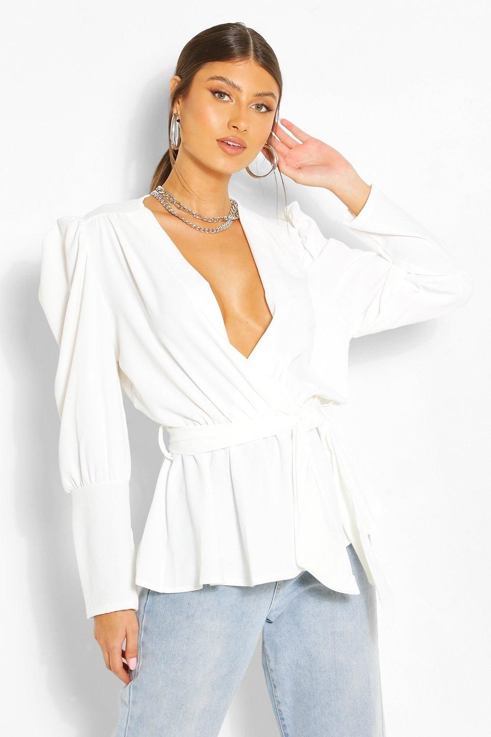 Womens Puff Sleeve Wrap Blouse - White - 8 | Boohoo.com (US & CA)