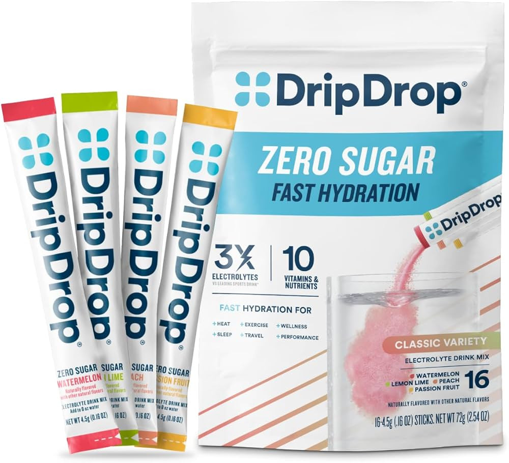 DripDrop Sugar Free Hydration Packets - Zero Classic Variety Pack - Single Serve Electrolytes Pow... | Amazon (US)