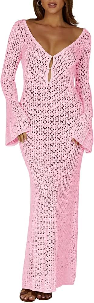 Saodimallsu Womens V Neck Crochet Maxi Dresses Bell Sleeve Bodycon Long Dress Hollow Out Summer B... | Amazon (US)