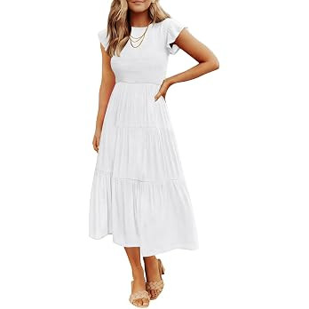 ZESICA Women's 2026 Summer Casual Flutter Short Sleeve Crew Neck Smocked Elastic Waist Tiered Mid... | Amazon (US)