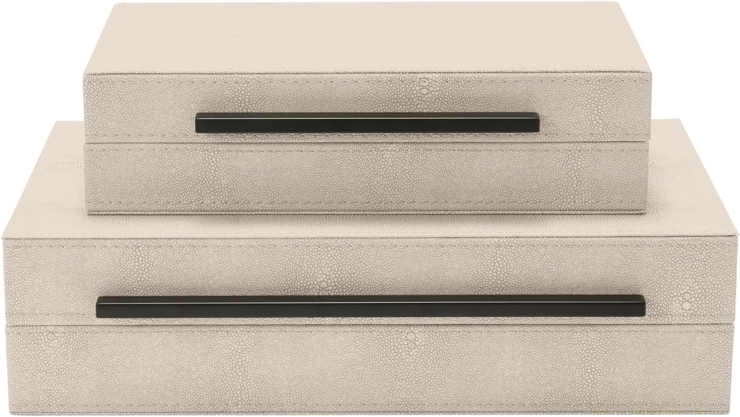 Sagala Ivory Shagreen Decorative Storage Box,Set of 2 Decorative Boxes, Large Nesting Storage Boxes with Lid for HomeDecor, Modern Stacking Boxes, Jewelry Box Organizer with Black Metal Handle | Amazon (US)