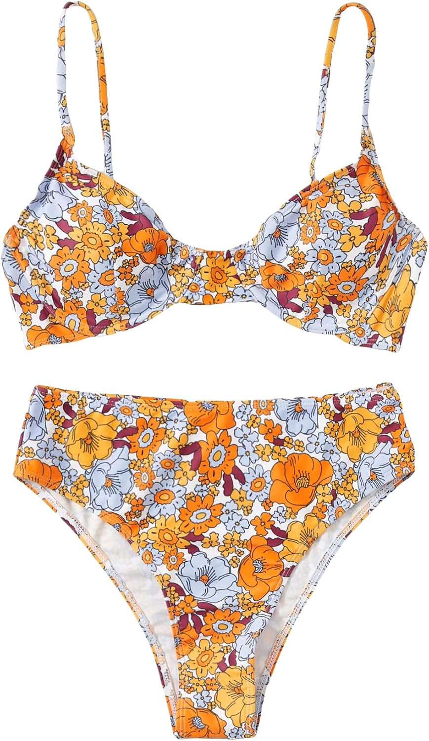 OYOANGLE Women's 2 Pieces Boho Floral Print Bikini Set Push Up High Waisted Swimsuit Bathing Suit | Amazon (US)