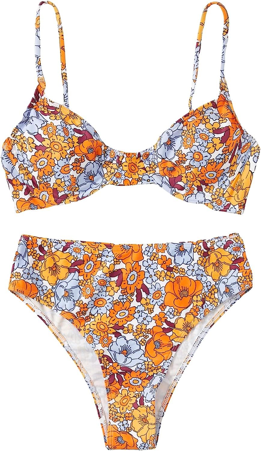 OYOANGLE Women's 2 Pieces Boho Floral Print Bikini Set Push Up High Waisted Swimsuit Bathing Suit | Amazon (US)
