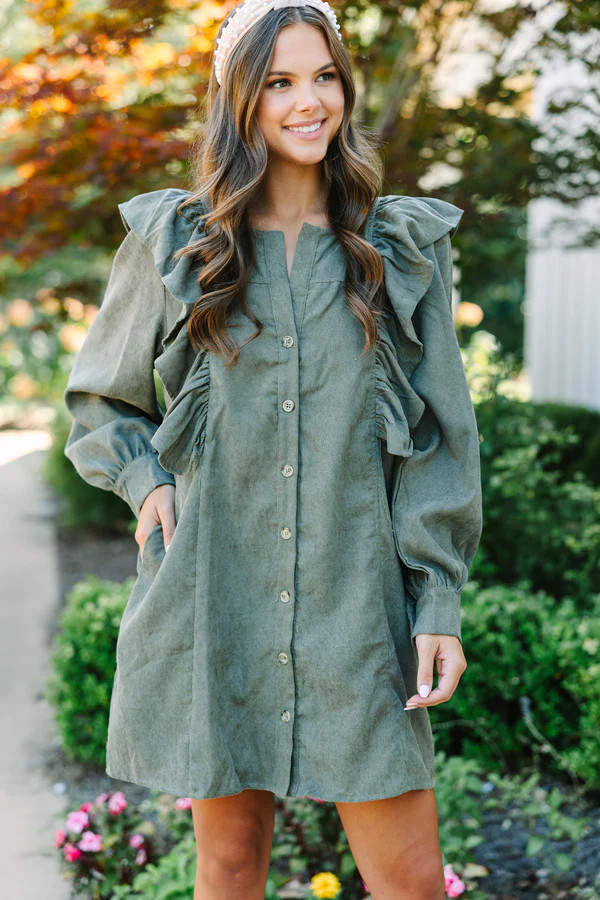 Never Too Late Olive Green Corduroy Dress | The Mint Julep Boutique