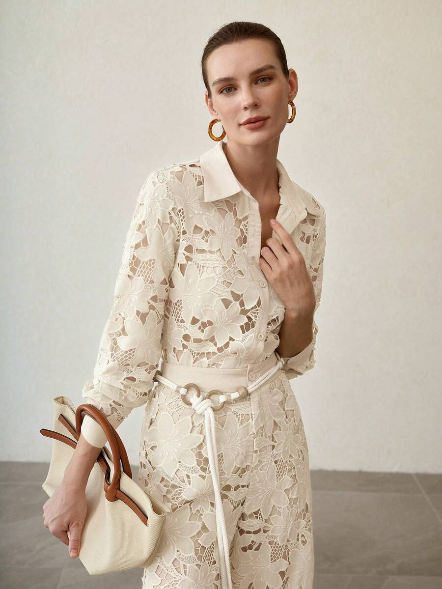 MOTF PREMIUM WOMEN'S HOLLOW LACE ELEGANT YOUTHFUL LONG SLEEVE BLOUSE | SHEIN