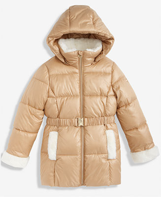 Michael Kors Girls 7-16 Belted Stadium Puffer Jacket With Faux-Fur Trim - Macy's | Macy's