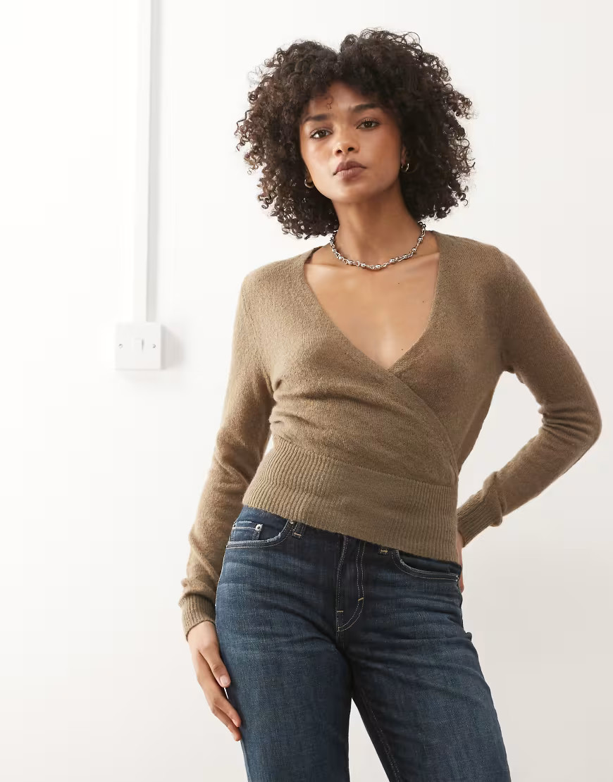 Motel Nilza wrap knit long sleeve top in taupe-Brown | ASOS (Global)