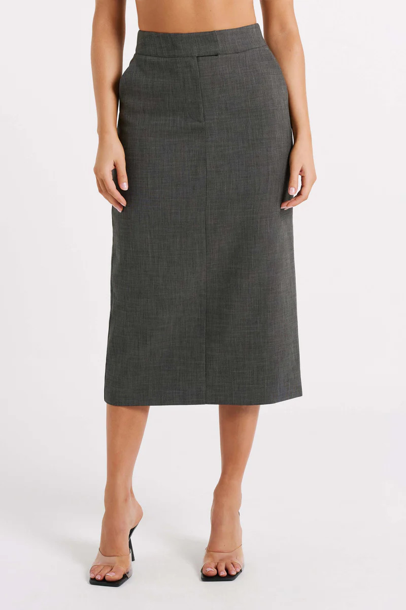Marcie Textured Suiting Midi Skirt - Charcoal | MESHKI US