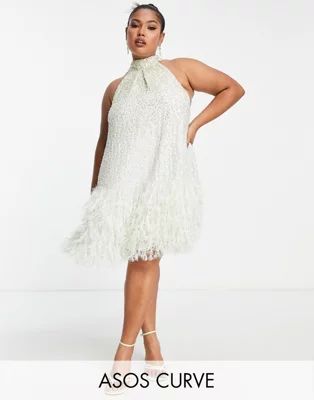 ASOS EDITION Curve sequin halter mini dress with faux feather hem in sage green | ASOS (Global)