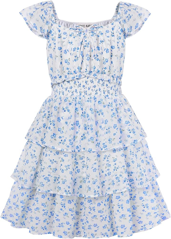 GRACE KARIN Girls Spring Summer Floral Dress Teen Ruffle Smocked 3 Layerr Dresses Kids Cute Boho ... | Amazon (US)
